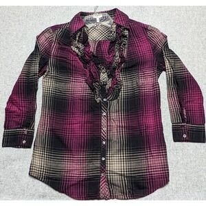 Jote Red and Black Plaid Shirt Long Sleeve Blouse with Ruffles Women's XS